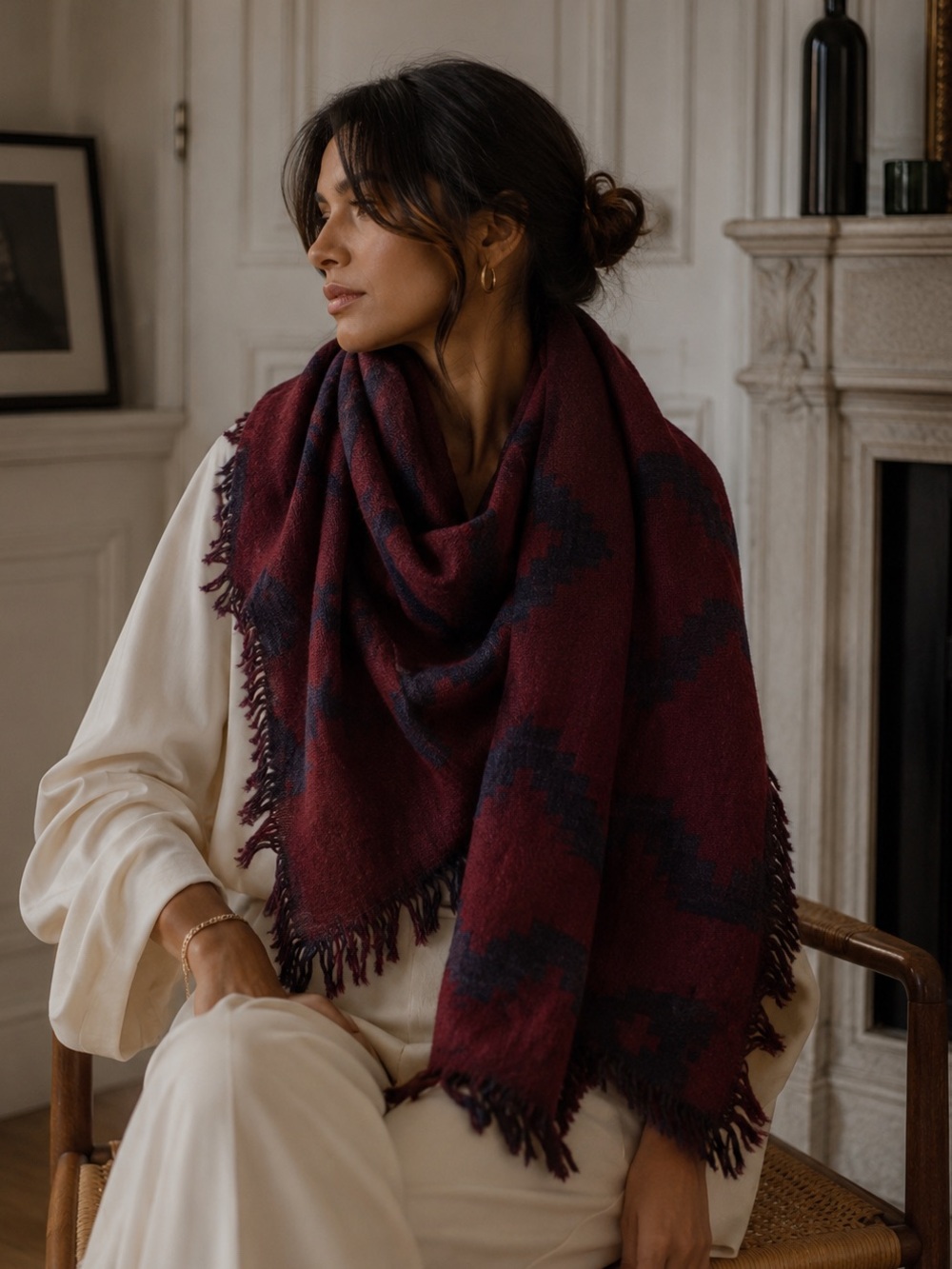 Wilfred Wool Aztec Blanket Scarf Burgundy Black Fringe Boho Western Wrap Shawl